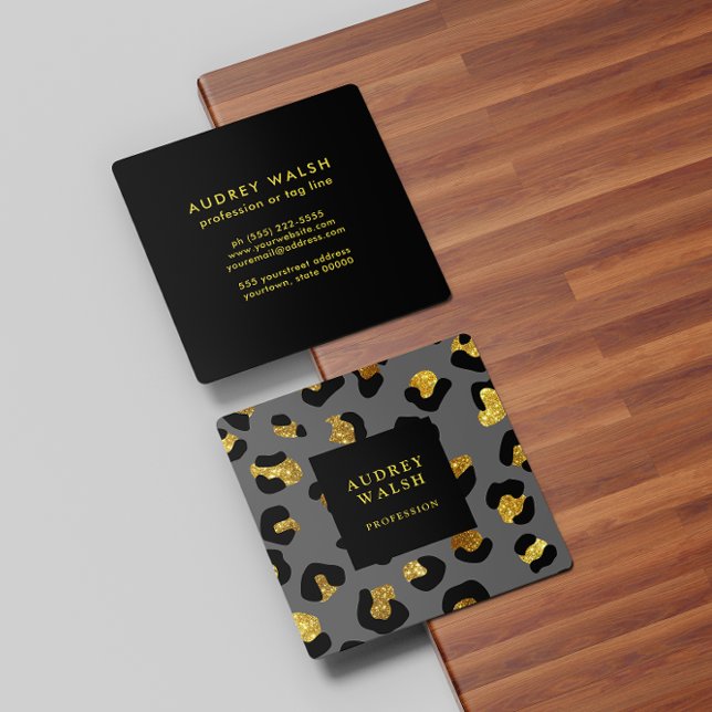 Girly Glittery Gold Gray Leopard Print Luxury Quadratische Visitenkarte (Von Creator hochgeladen)