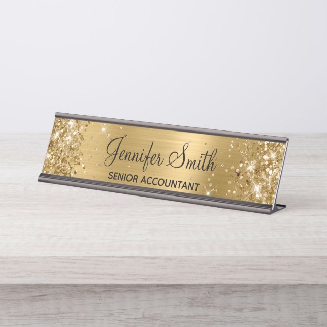 Girly Glittery Imitate Gold Fossil Schreibtischnamensplakette (Vorderseite )