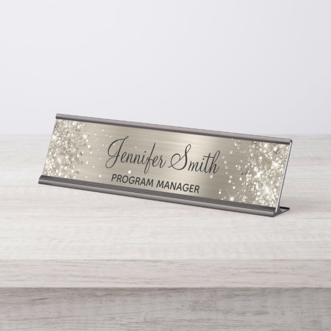 Girly Glittery Imitate Platinum Foil Schreibtischnamensplakette (Vorderseite )