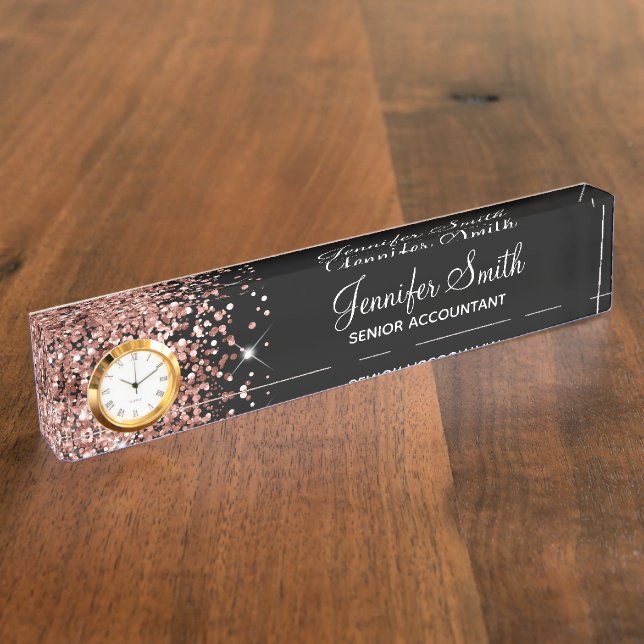 Girly Glittery Rose Gold Glam Black Namensplakette (Seite)