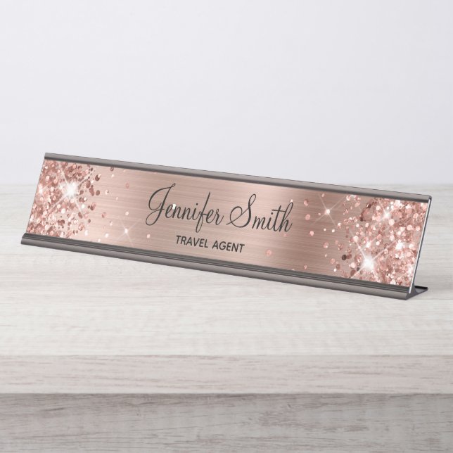 Girly Glittery Rose Schreibtischnamensplakette (Vorderseite )