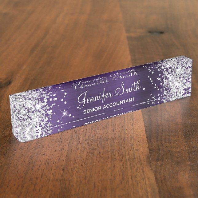 Girly Glittery Silver Dark Violet Foil Namensplakette (Seite)