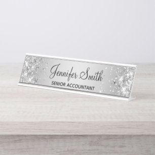 Girly Glittery Silver Gray Gradient Schreibtischnamensplakette