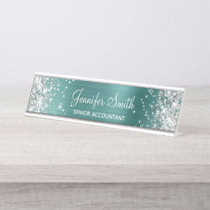 Girly Glittery Silver Imitate Aqua Aquamarine Foss Schreibtischnamensplakette