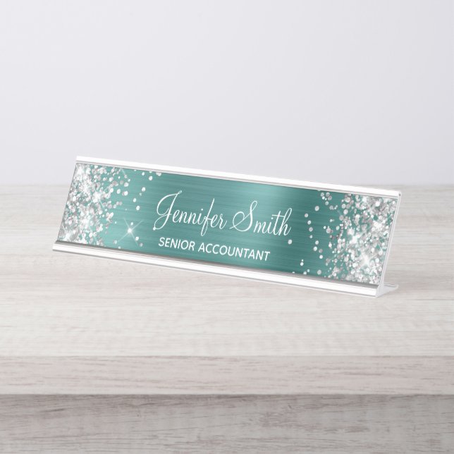 Girly Glittery Silver Imitate Aqua Aquamarine Foss Schreibtischnamensplakette (Vorderseite )