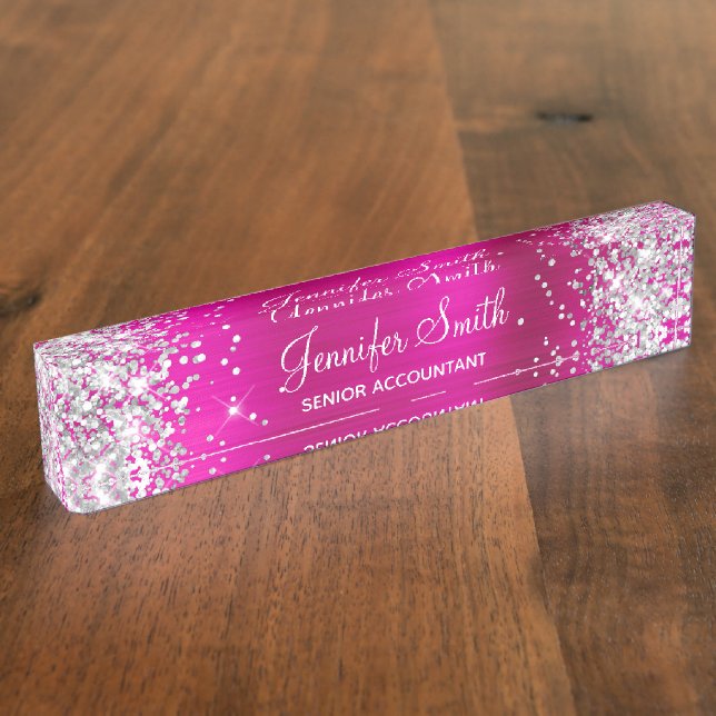 Girly Glittery Silver Imitate Hot Pink Foil Namensplakette (Seite)