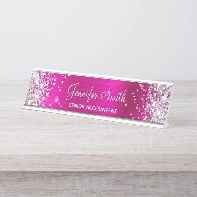 Girly Glittery Silver Imitate Hot Pink Foil Schreibtischnamensplakette (Vorderseite )