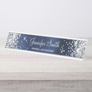 Girly Glittery Silver Imitats Navy Blue Foil Schreibtischnamensplakette