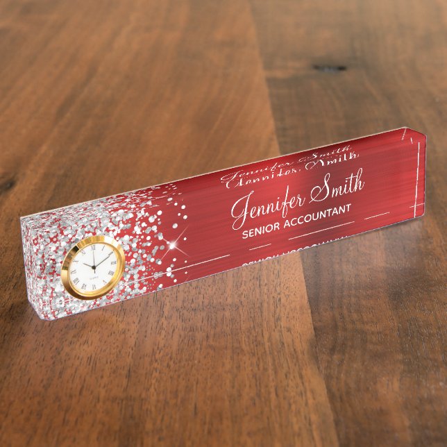 Girly Glittery Silver Red Glam Namensplakette (Seite)
