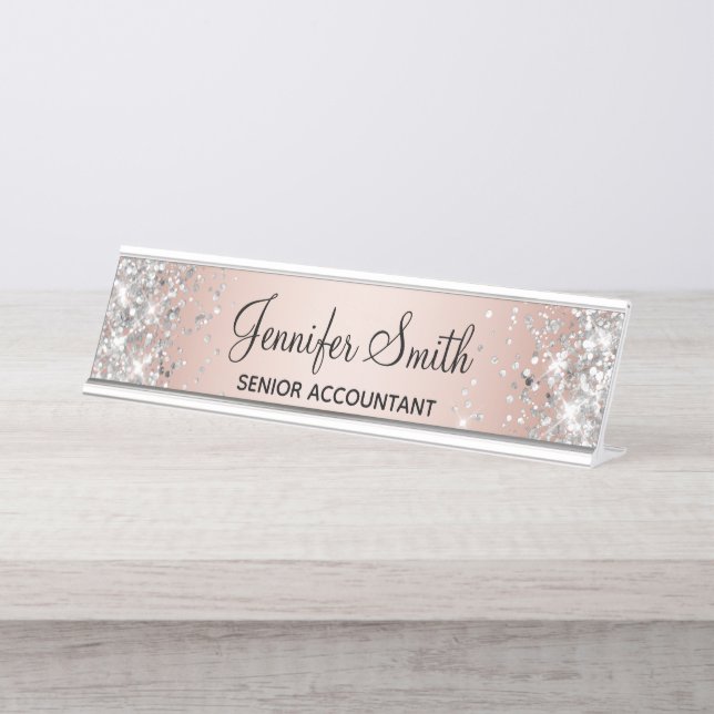 Girly Glittery Silver und Rose Gold Gradient Schreibtischnamensplakette (Vorderseite )
