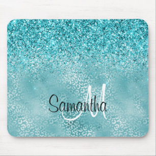 Girly Glitz Aqua Türkis Glitzer Leopard Print Mousepad
