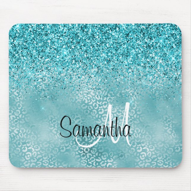 Girly Glitz Aqua Türkis Glitzer Leopard Print Mousepad (Vorne)