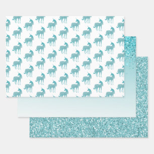 Girly Glitz Aqua Turquoise Glitzer Unicorn Geschenkpapier Set