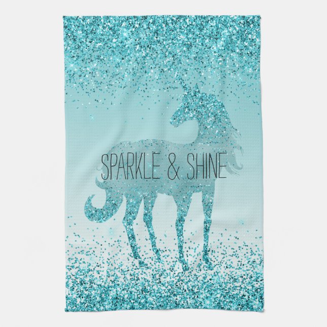 Girly Glitz Aqua Turquoise Glitzer Unicorn Geschirrtuch (Vertikal)