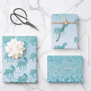 Girly Glitz Aqua Turquoise Glitzer Unicorn Ombre Geschenkpapier Set