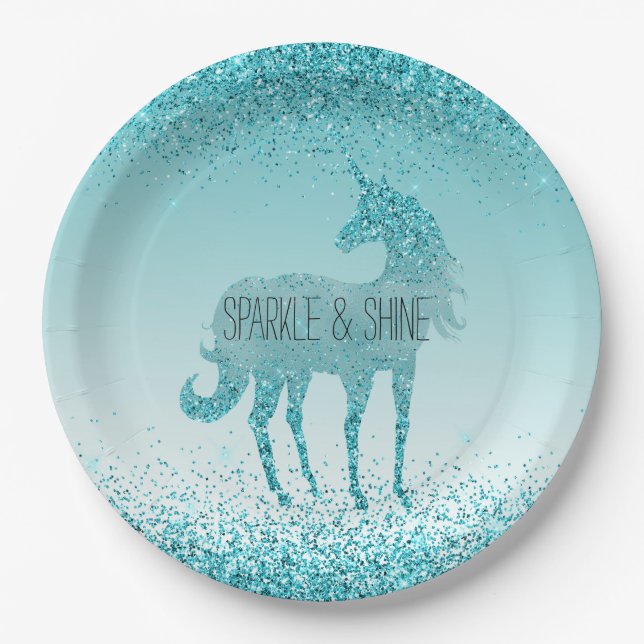 Girly Glitz Aqua Turquoise Glitzer Unicorn Pappteller (Vorderseite)