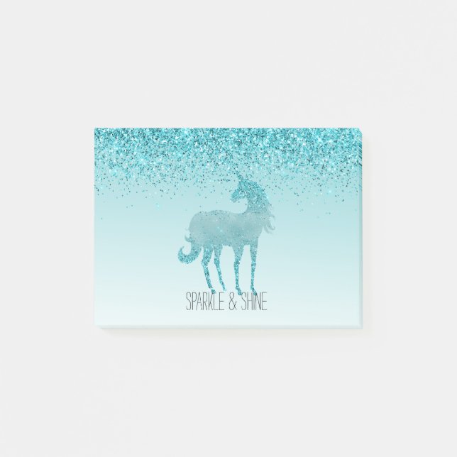 Girly Glitz Aqua Turquoise Glitzer Unicorn Post-it Klebezettel (Vorderseite)