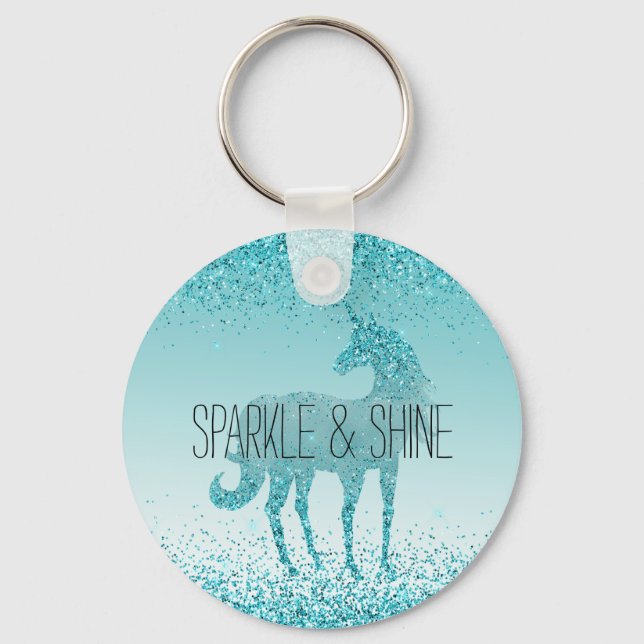 Girly Glitz Aqua Turquoise Glitzer Unicorn Schlüsselanhänger (Vorderseite)