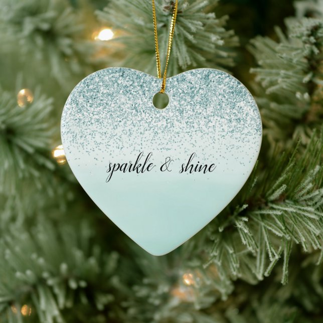 Girly Glitz Mint Ombre Glitzer Goldenes Herz Keramik Ornament (Baum)
