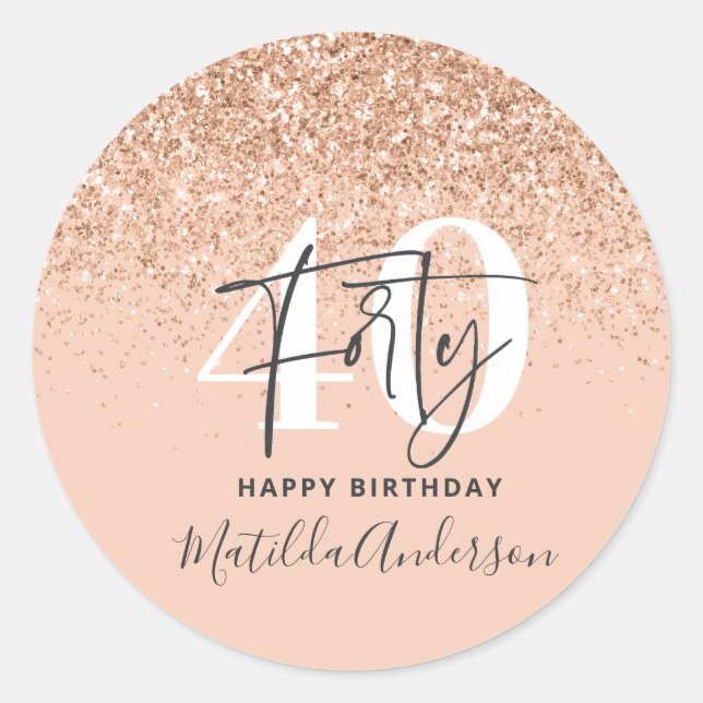 Girly Glitzer funkelt modernes 40. Party Runder Aufkleber (Vorderseite)
