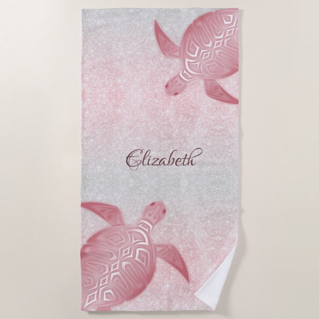 Girly Glitzer Turtles Monogram Coastal Strandtuch (Vorderseite)