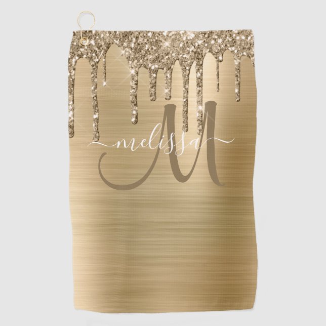 Girly Gold Brushed Metal Dripping Glitzer Name Golfhandtuch (Vorderseite)