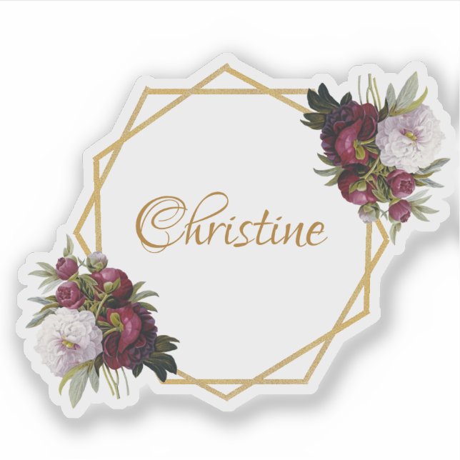 Girly Gold Burgundy Peonies Name Floral Geometric Aufkleber (Vorderseite)