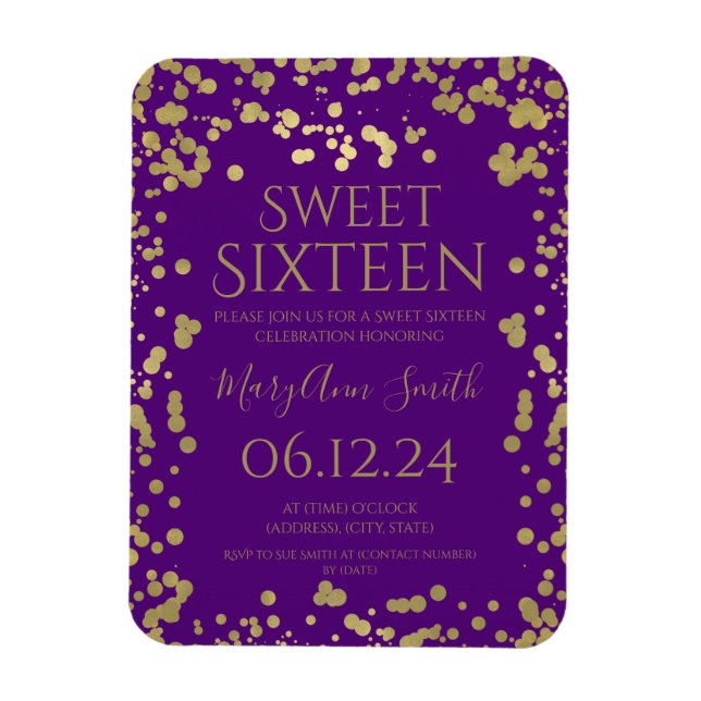 Girly Gold Foil Confetti Sweet 16 Lila einladen Magnet (Vertikal)