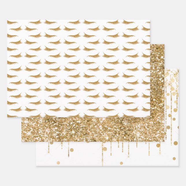 Girly Gold Glam Glitzer Eyelashes Geschenkpapier Set (Set)