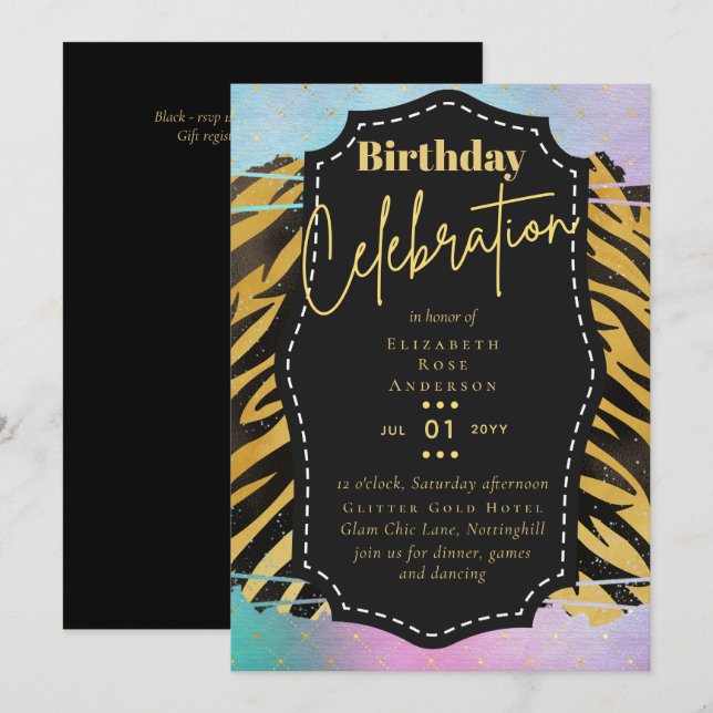 Girly Gold Glitzer Animal Print Birthday JEDES Alt Einladung (Vorne/Hinten)