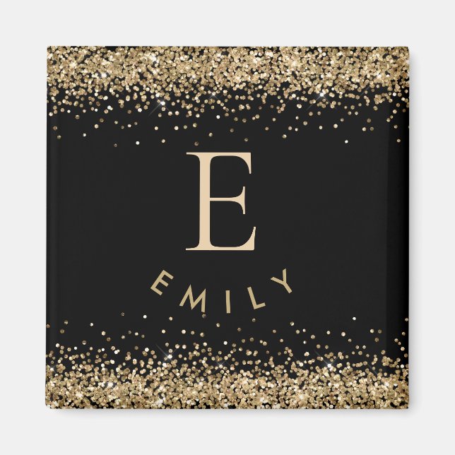 Girly Gold Glitzer Black Monogram Initial Name Magnet (Vorne)