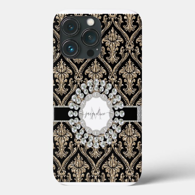Girly Gold Glitzer Juwelen w Black Damask Monogram Case-Mate iPhone Hülle (Rückseite)