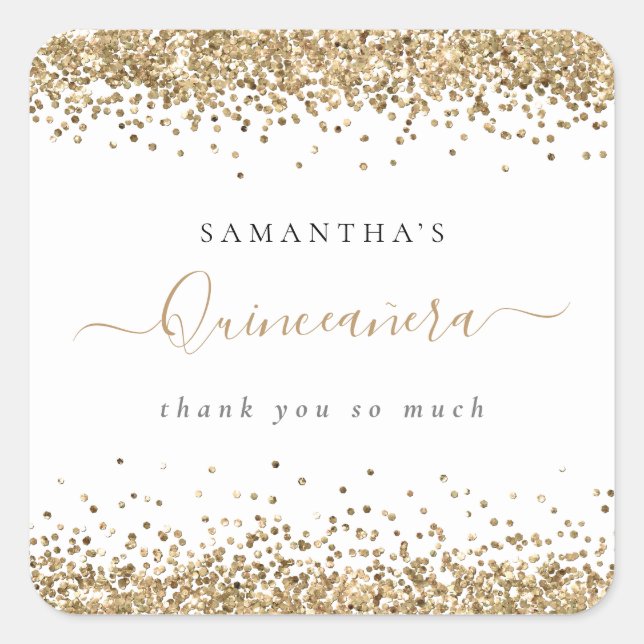 Girly Gold Glitzer Name Quinceañera Vielen Dank Quadratischer Aufkleber (Vorderseite)