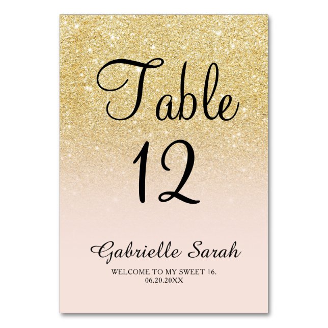 Girly gold Glitzer pink ombre, süß 16 Tabelle Tischnummer (Vorderseite)