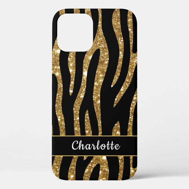 Girly Gold Glitzer Tiger Stripname Case-Mate iPhone Hülle (Rückseite)