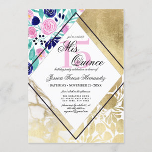 Girly Gold Marmor Floral Watercolor Mis Quince Einladung