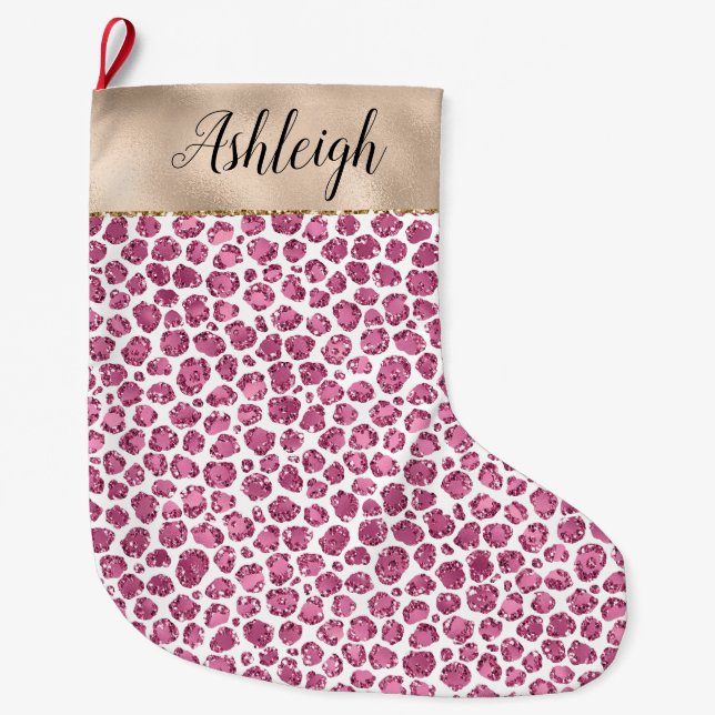 Girly Gold Pink Glitz Leopard Print Großer Weihnachtsstrumpf (Vorderseite)