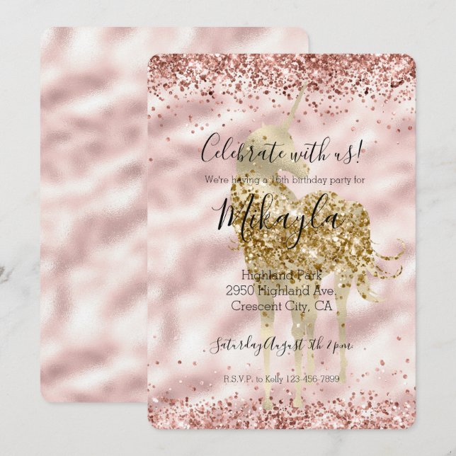 Girly Gold Unicorn Rosa Glitzer Sparkle Confetti Einladung (Vorne/Hinten)