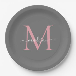 Girly Grau Rosa Monogramm Trendige Skript Name Pappteller
