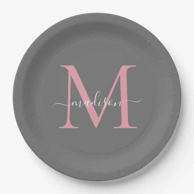 Girly Grau Rosa Monogramm Trendige Skript Name Pappteller (Vorderseite)