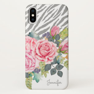 Girly graue Zebra-Druckchic-Rosa-Rosen mit Namen title_seo2