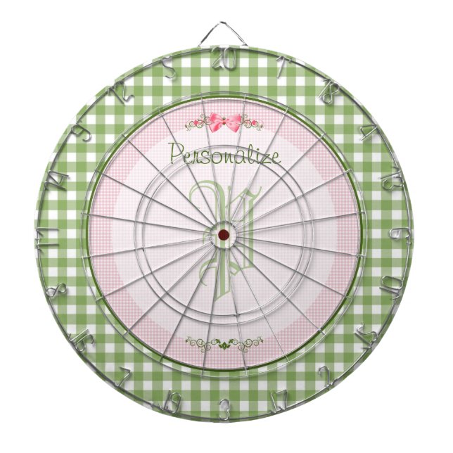 Girly Green Gingham Monogramm mit Namen Dartscheibe (vorne)