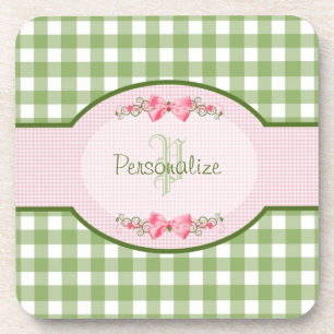 Girly Green Gingham Monogramm mit Namen Getränkeuntersetzer