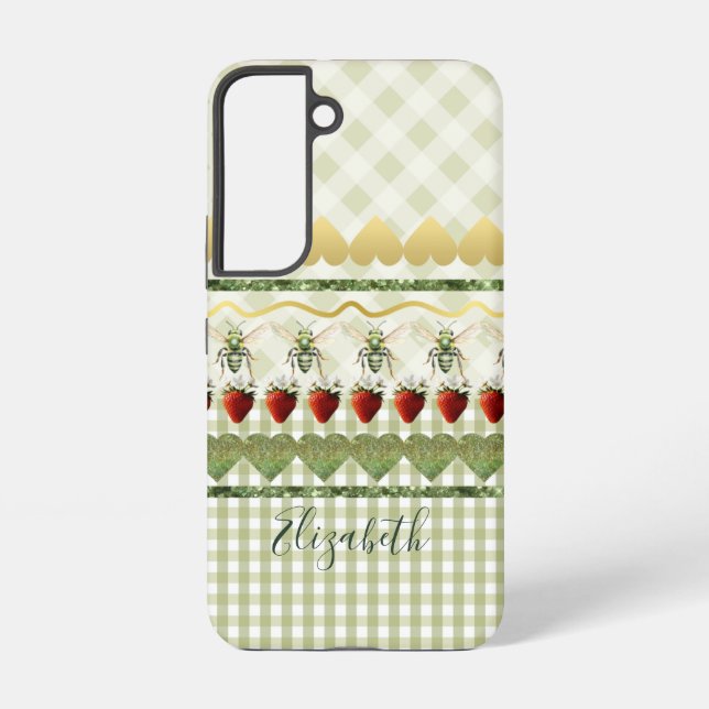 Girly Green Plaid and Checks Bees Hearts Name Samsung Galaxy Hülle (Rückseite)