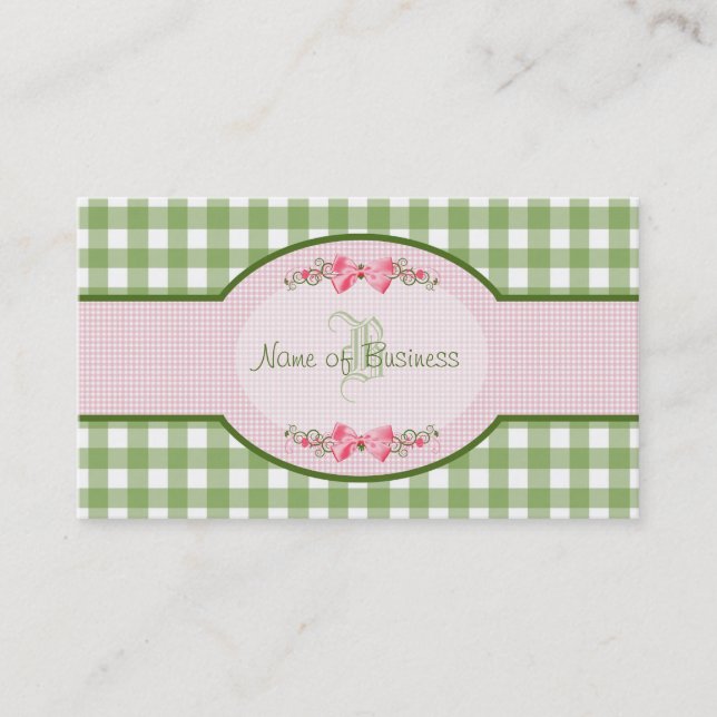 Girly grünes Gingham-Monogramm-Land-Rosa-Band Visitenkarte (Vorderseite)