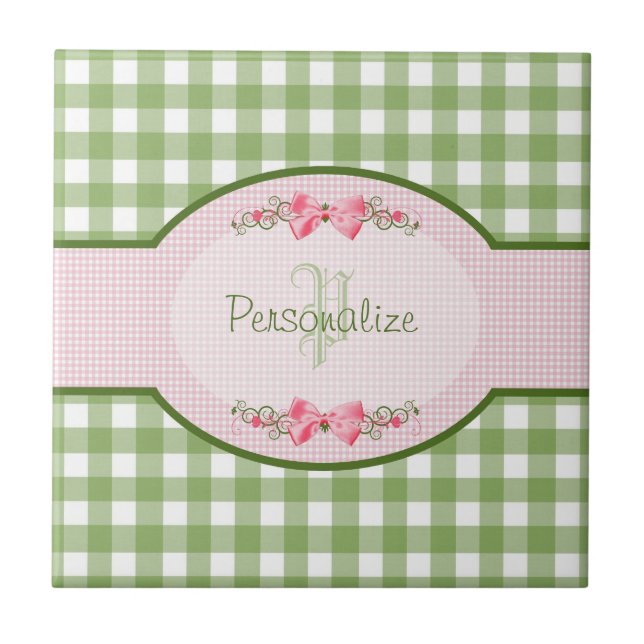 Girly grünes Gingham-Monogramm mit Namen Fliese (Vorderseite)