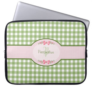 Girly grünes Gingham-Monogramm mit Namen Laptopschutzhülle