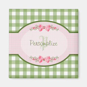 Girly grünes Gingham-Monogramm mit Namen Magnet