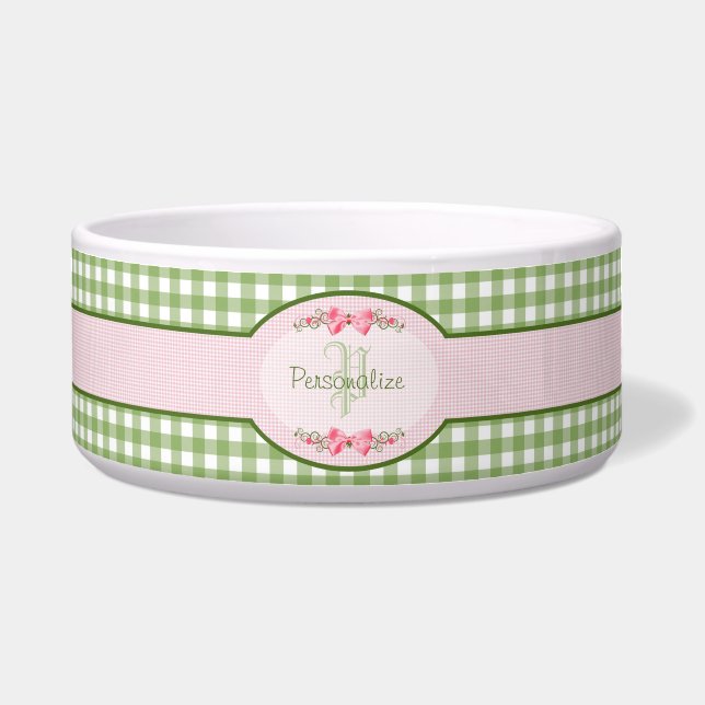 Girly grünes Gingham-Monogramm mit Namen Napf (Vorderseite)