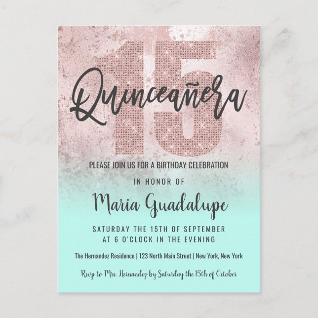 Girly Grunge Rose Gold Minze Glitzer Quinceañera Einladungspostkarte (Vorderseite)